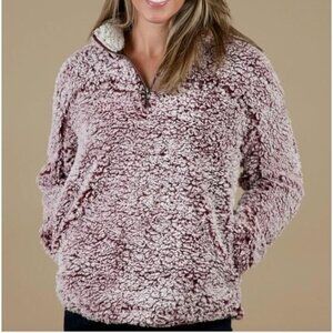 Altar’d State Sherpa Pullover Size Large Quarter Zip Burgundy Teddy Bear Cozy
